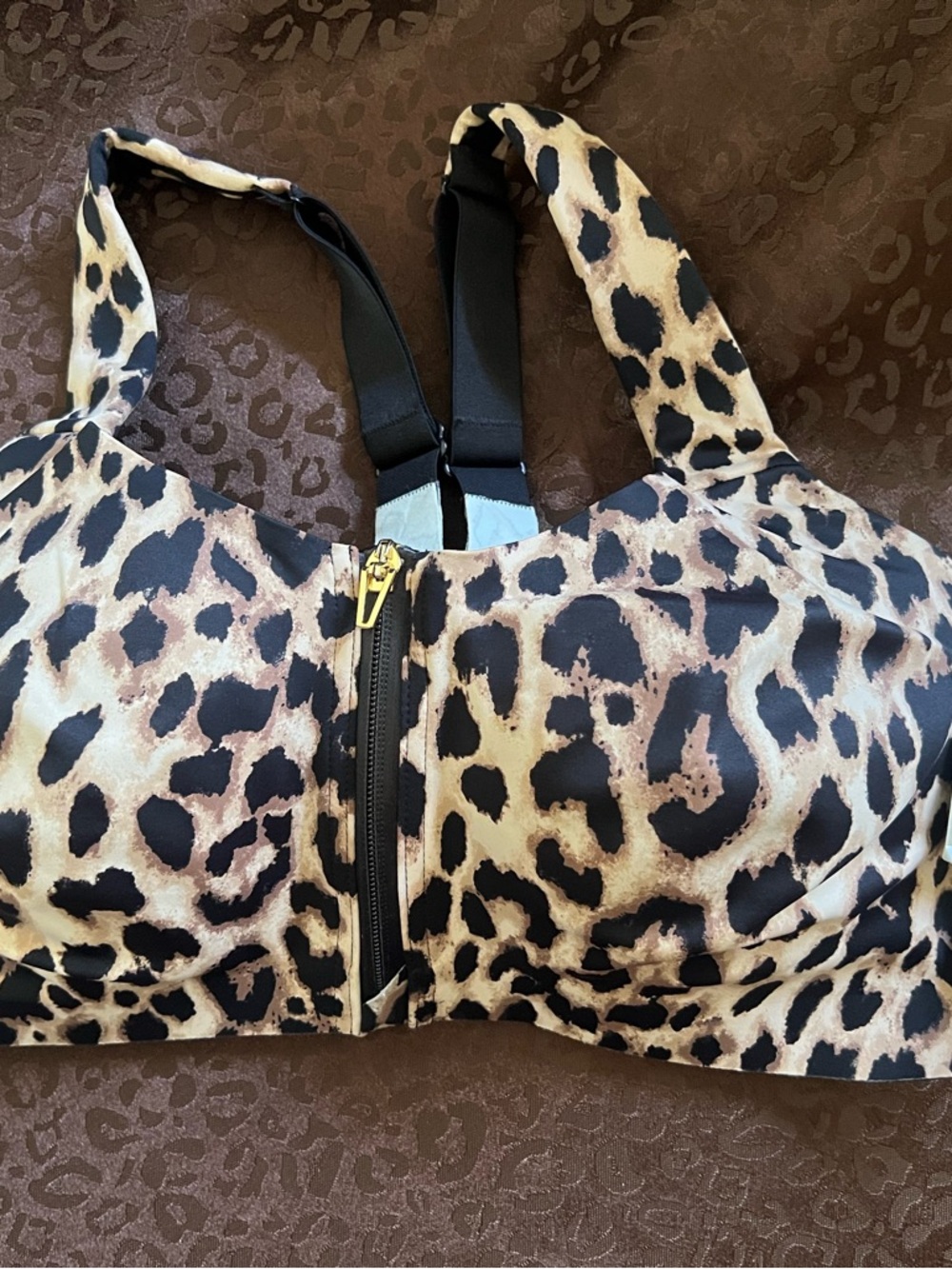 Victoria's Secret Leopard Print Front-Zip Sports Bra - Beige & Black